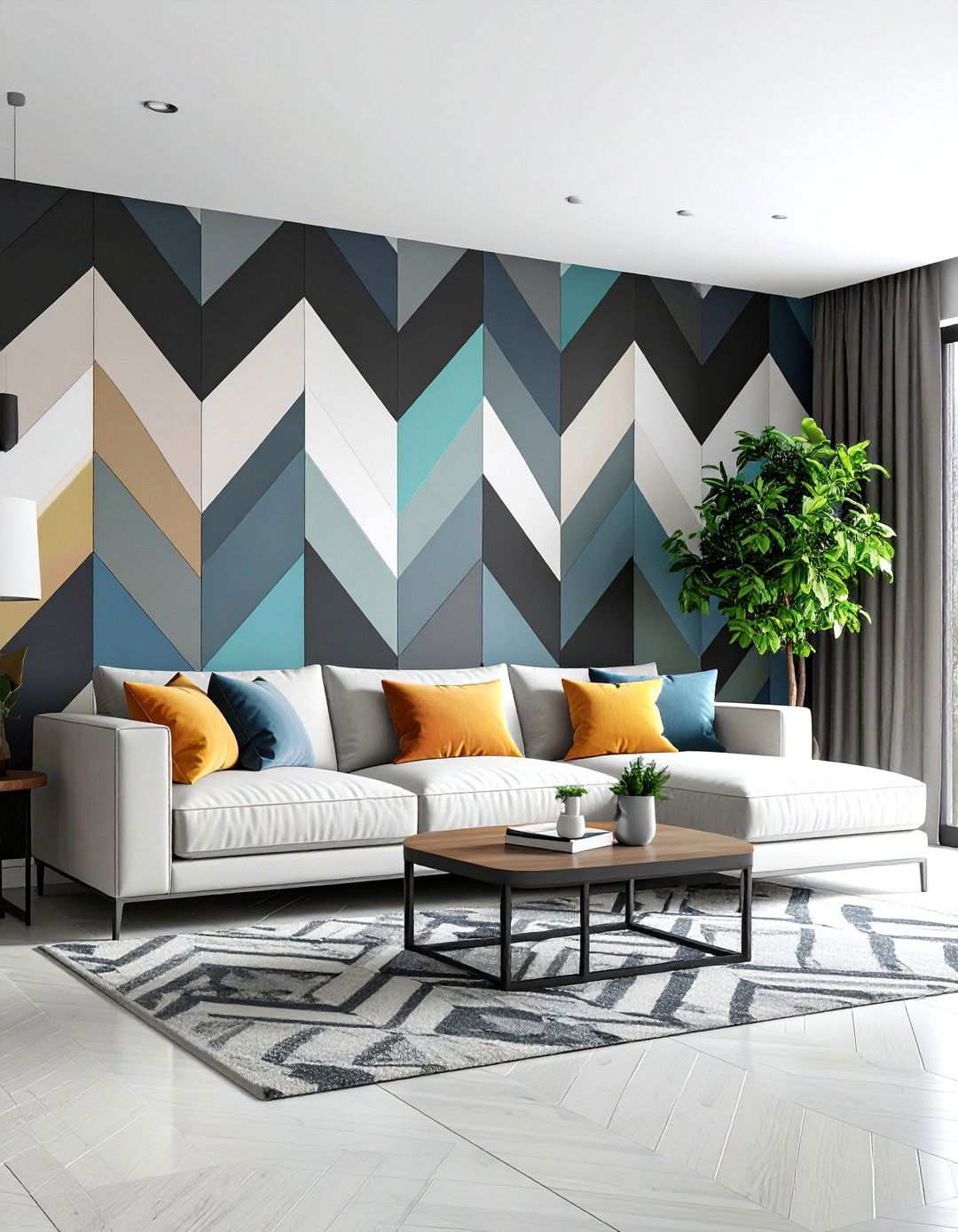 Geometric Painted Basement Accent Wall Shows Bold Personality - 20 Basement Accent Wall Ideas