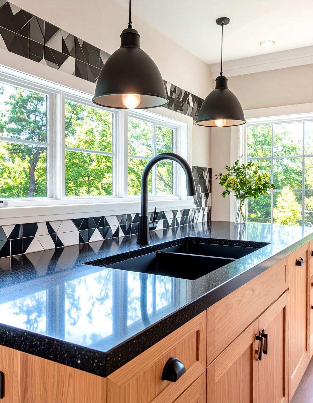 Geometric Tile Backsplash Pop - 20 Black Granite Countertops Kitchen Ideas