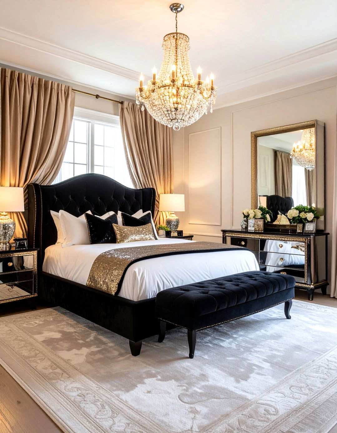 Glam Black Velvet Bed with Sparkling Silver Chandeliers - 20 Black and Silver Bedroom Ideas