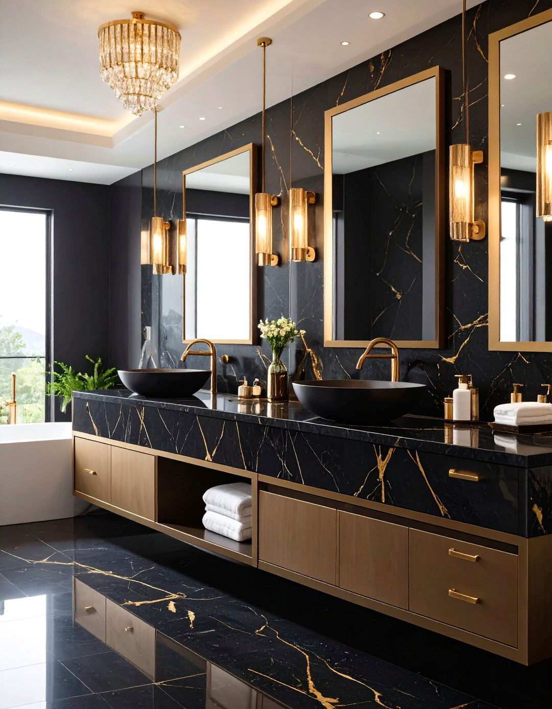 Glamorous Bathroom with Black Countertops and Gold Faucets - 20 bathroom with black countertops ideas