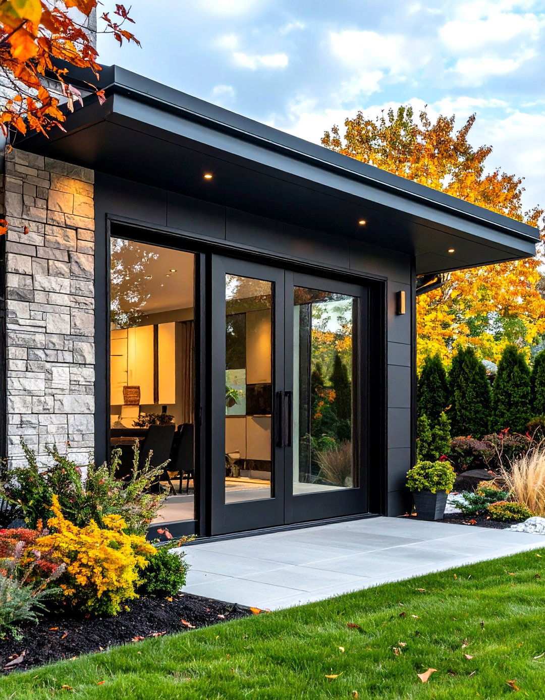 Glass Front Barn Doors on a Black Barndominium - 20 Black Modern Farmhouse Exterior Design Ideas