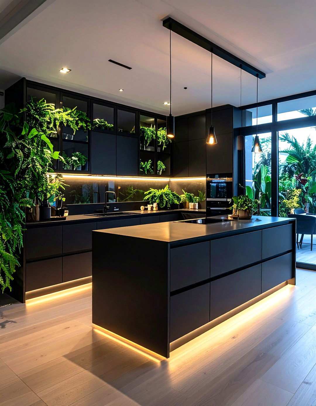 Glass Front Black Cabinet Kitchen with Fern Lighting - 20 Black and Green Kitchen Ideas