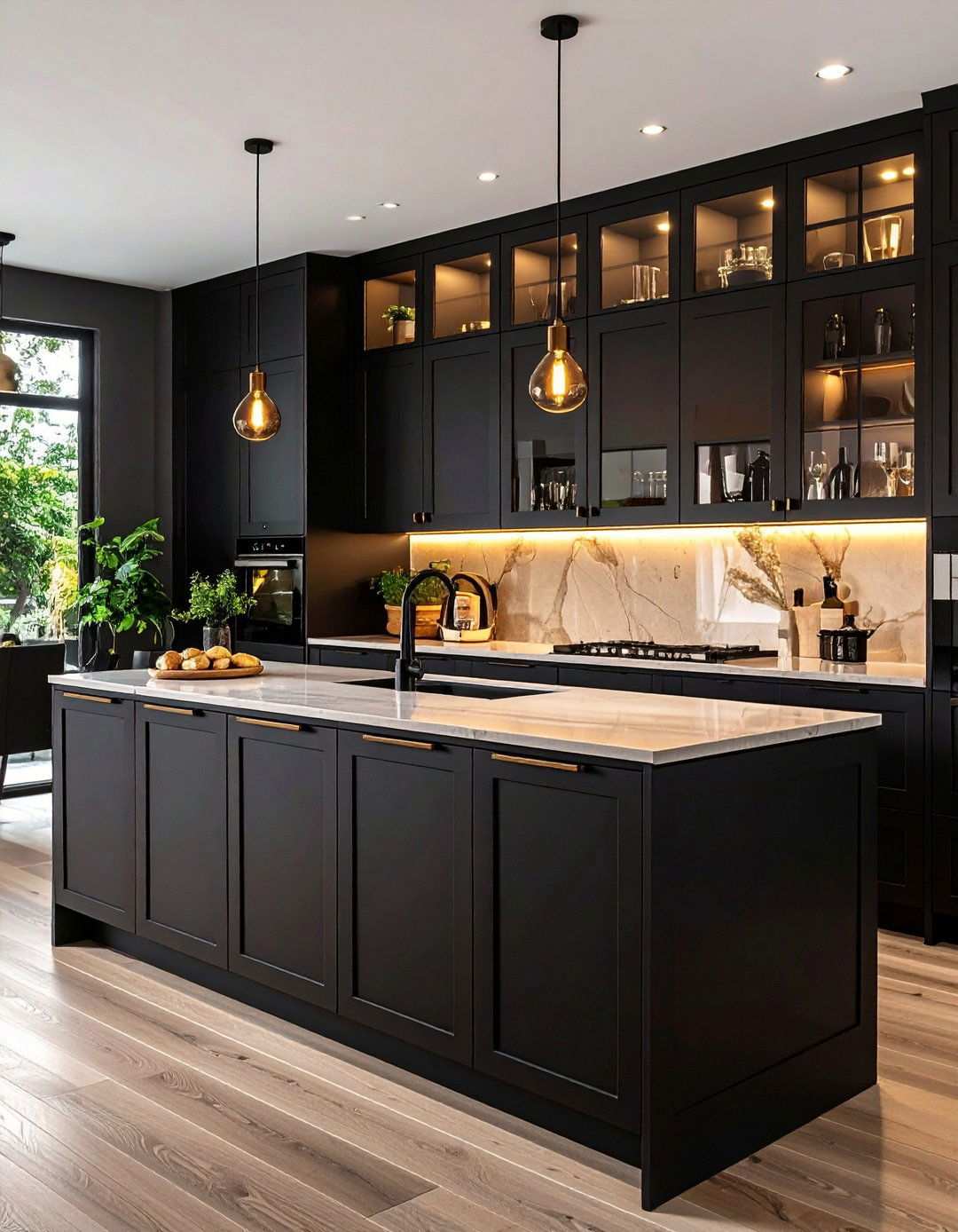 Glass Front Inserts Showcase Personality - 20 Black Kitchen Cabinet Ideas