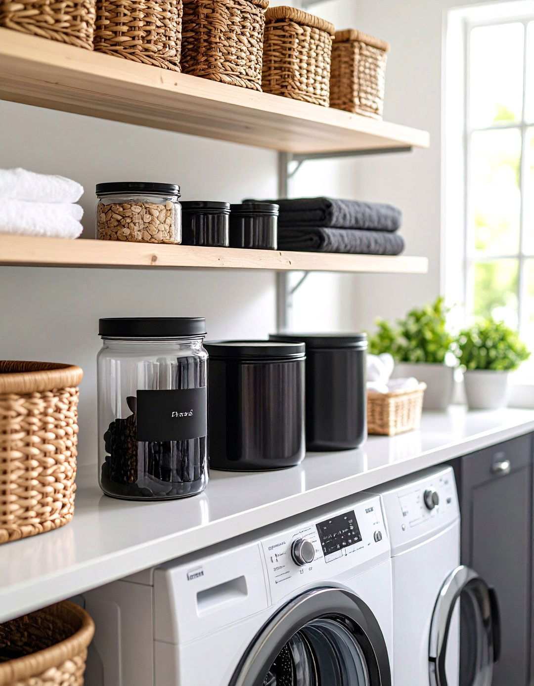 Glass Jar Storage with Monochrome Labels - 20 Black and White Laundry Room Ideas