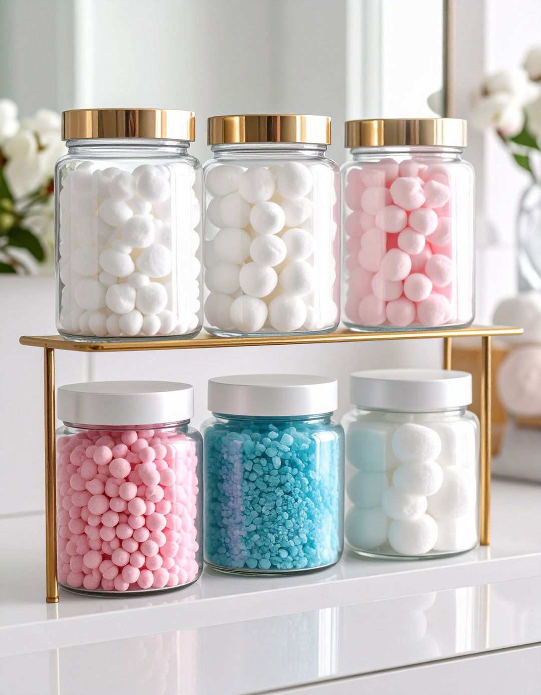 Glass Jars Elevate Cotton Swabs and Pads - 20 Bathroom Cabinet Organization Ideas