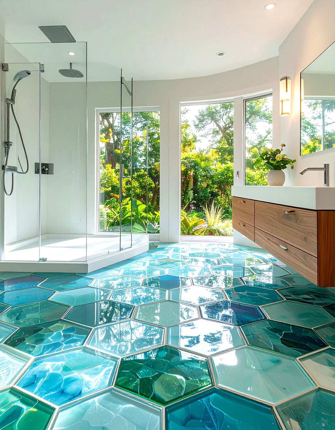 Glass Mosaic Bathroom With Hexagon Tile Floor - 20 Bathrooms With Hexagon Tile Floors