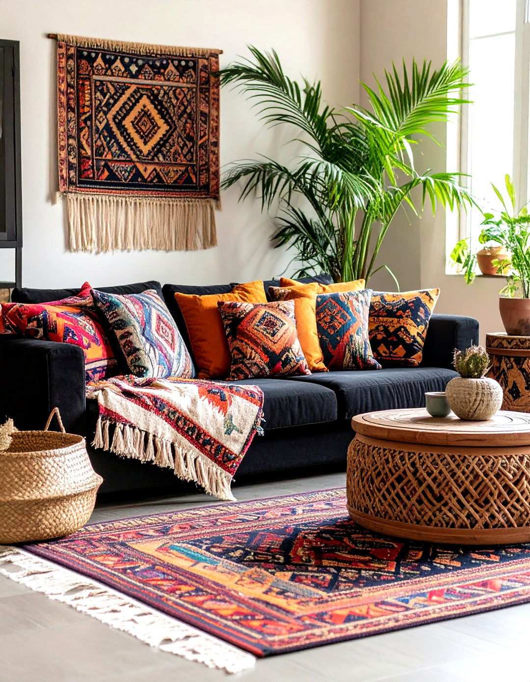 Global Textiles on a Black Couch - 20 Black Couch Living Room Ideas