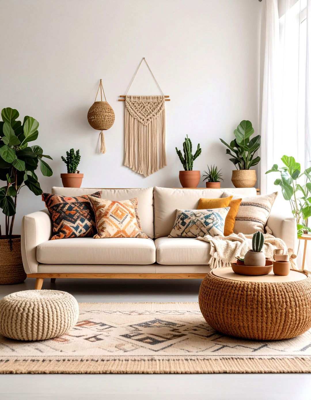 Go Earthy Boho With a Beige Couch - 20 Beige Couch Living Room Ideas