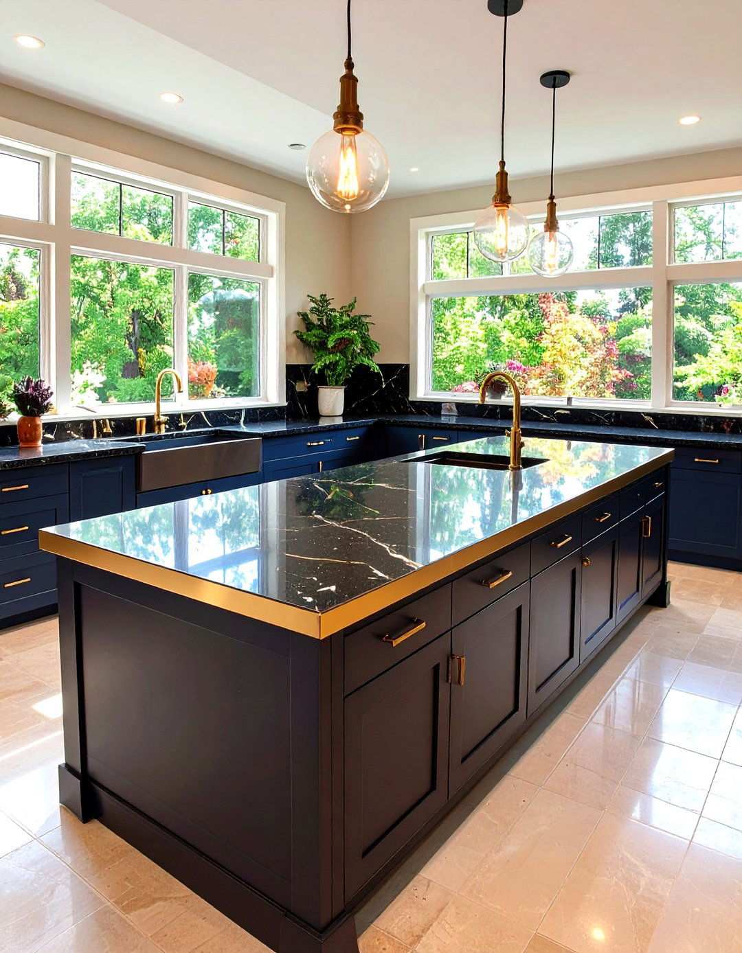 Gold Edge Banding on Black Quartz Worktops - 20 Black and Gold Kitchen Ideas