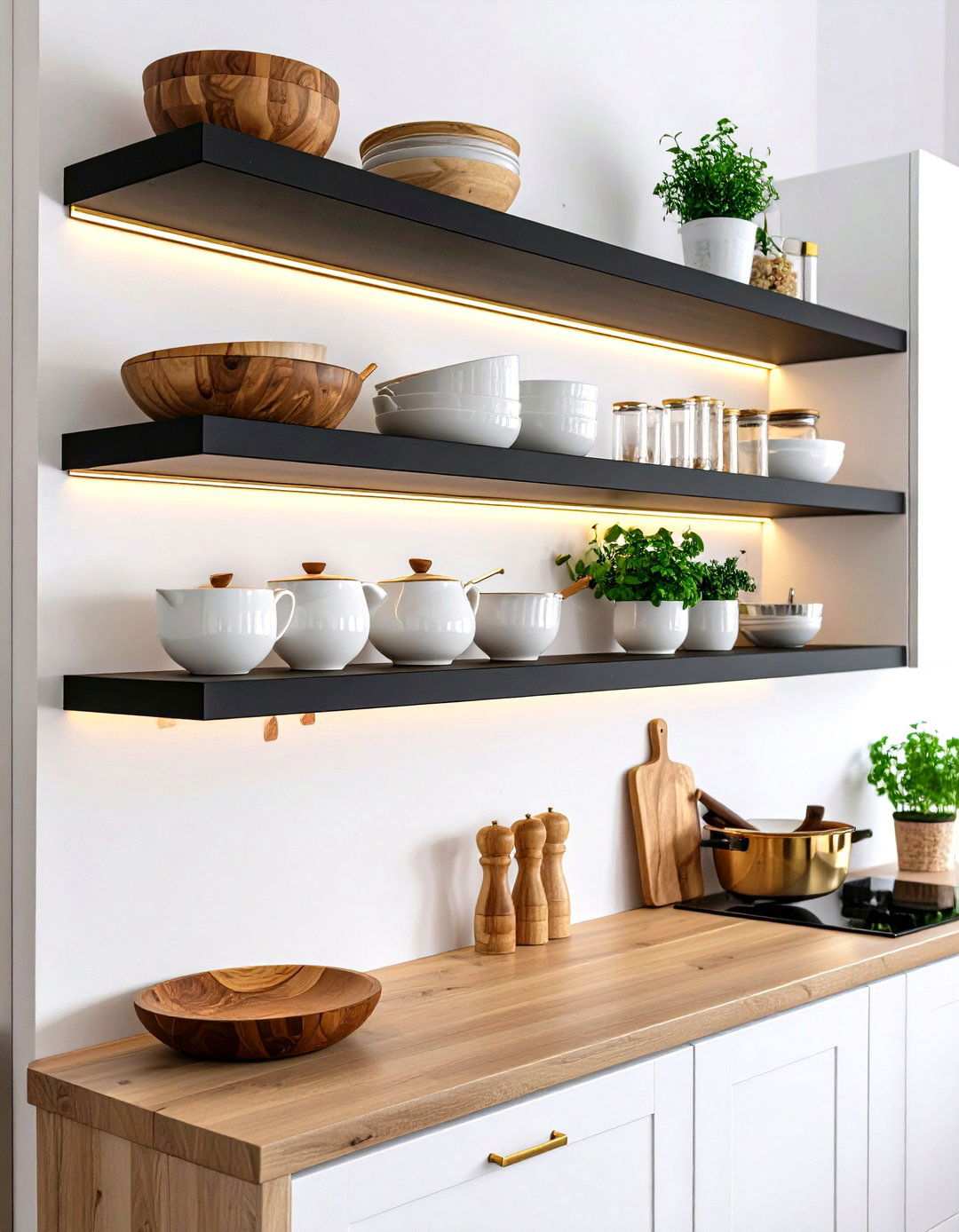 Gold Edged Open Shelving Against Black Walls - 20 Black and Gold Kitchen Ideas