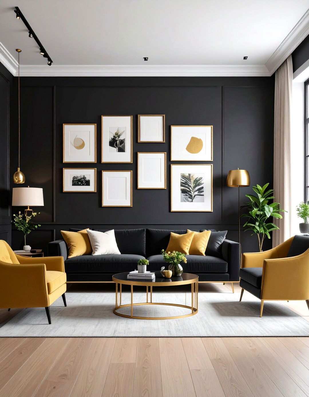 Gold Framed Gallery Wall Against Black - 20 Black and Gold Living Room Ideas