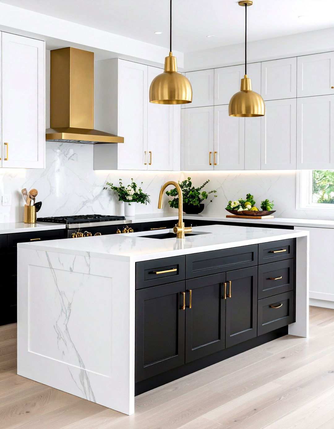 Gold Hardware Warms a Black and White Kitchen - 20 Black and White Kitchen Ideas