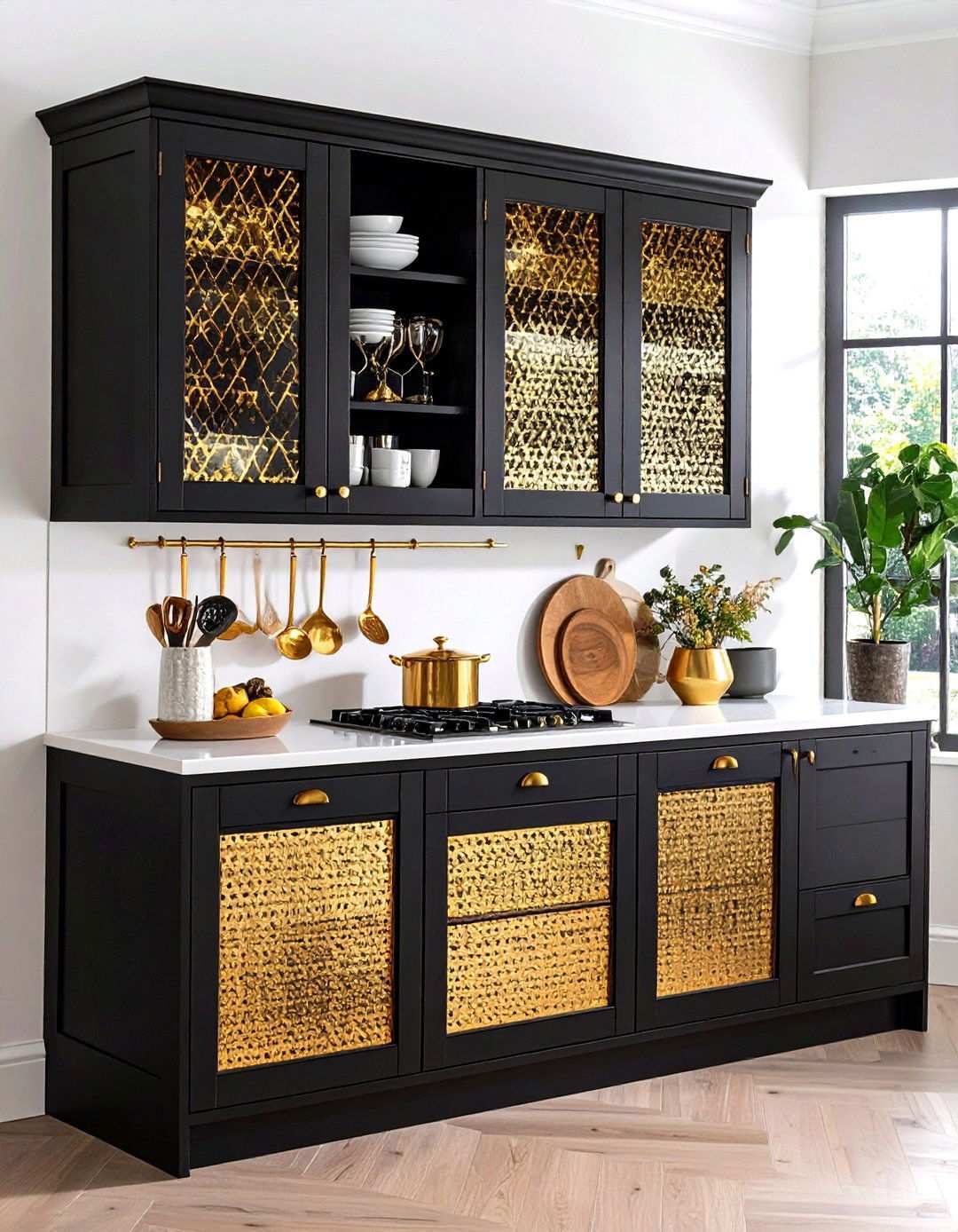 Gold Mesh or Grid Upper Cabinets in a Black and Gold Kitchen - 20 Black and Gold Kitchen Ideas