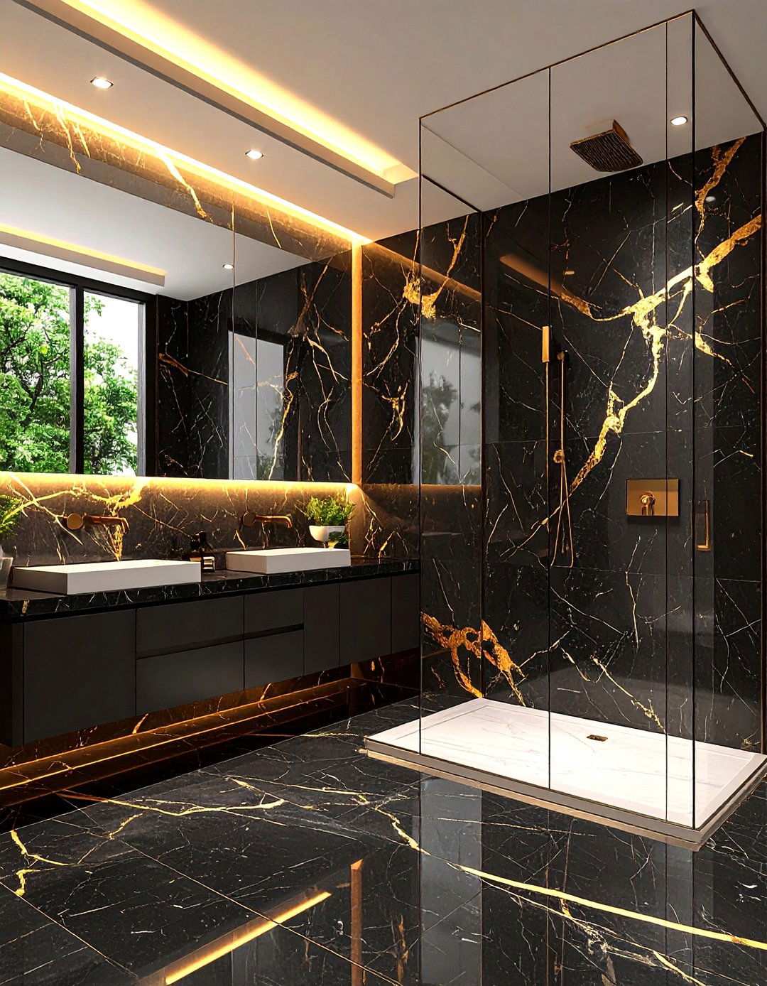 Gold Veined Marble Accent Strip - 20 Black and Gold Bathroom Ideas
