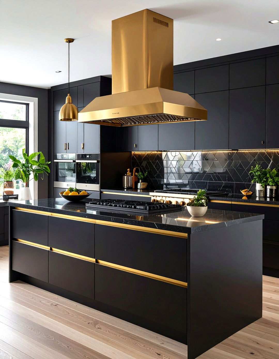 Gold Vent Hood as a Black and Gold Kitchen Showstopper - 20 Black and Gold Kitchen Ideas