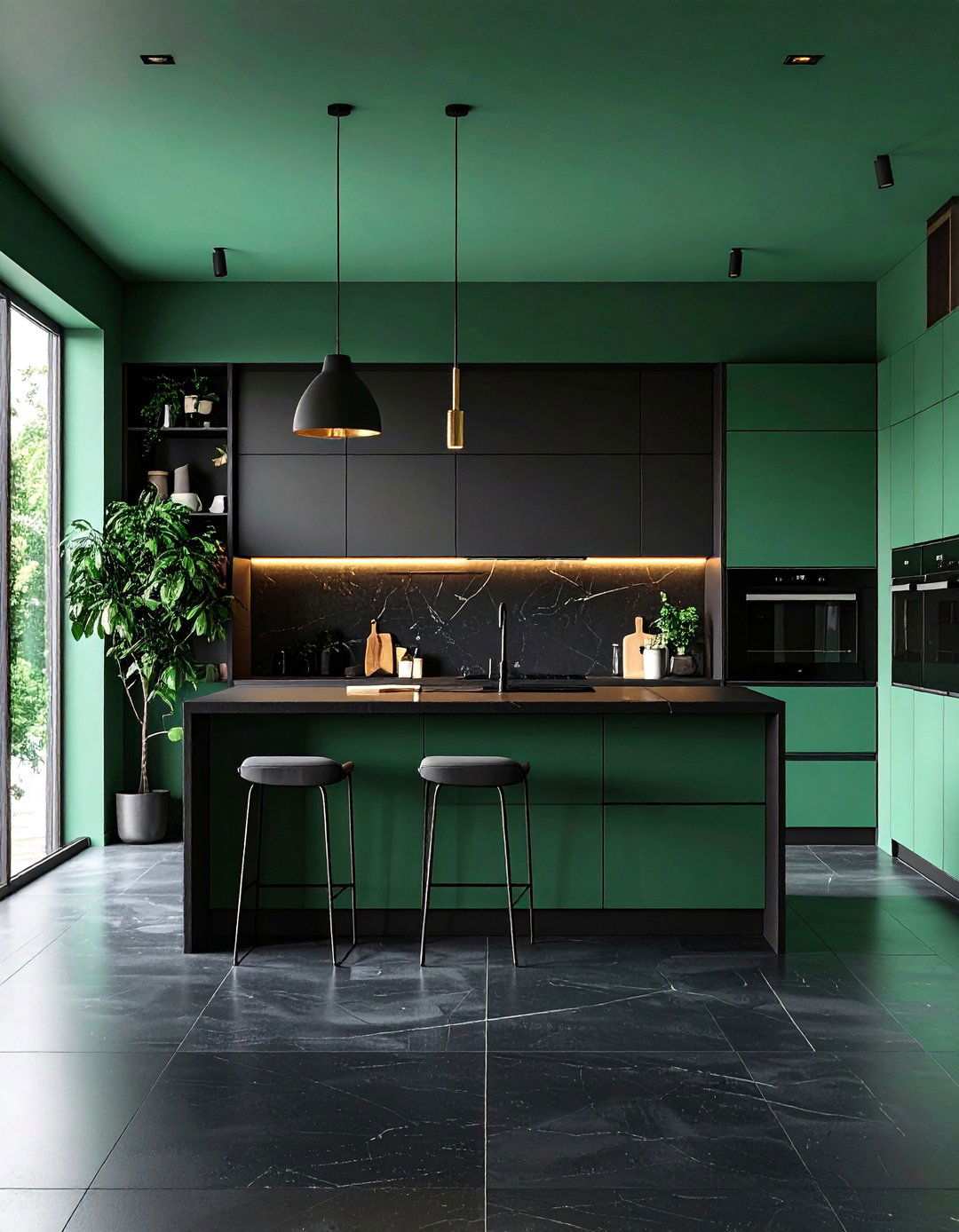 Gradient Mural Kitchen Blending Black into Green - 20 Black and Green Kitchen Ideas