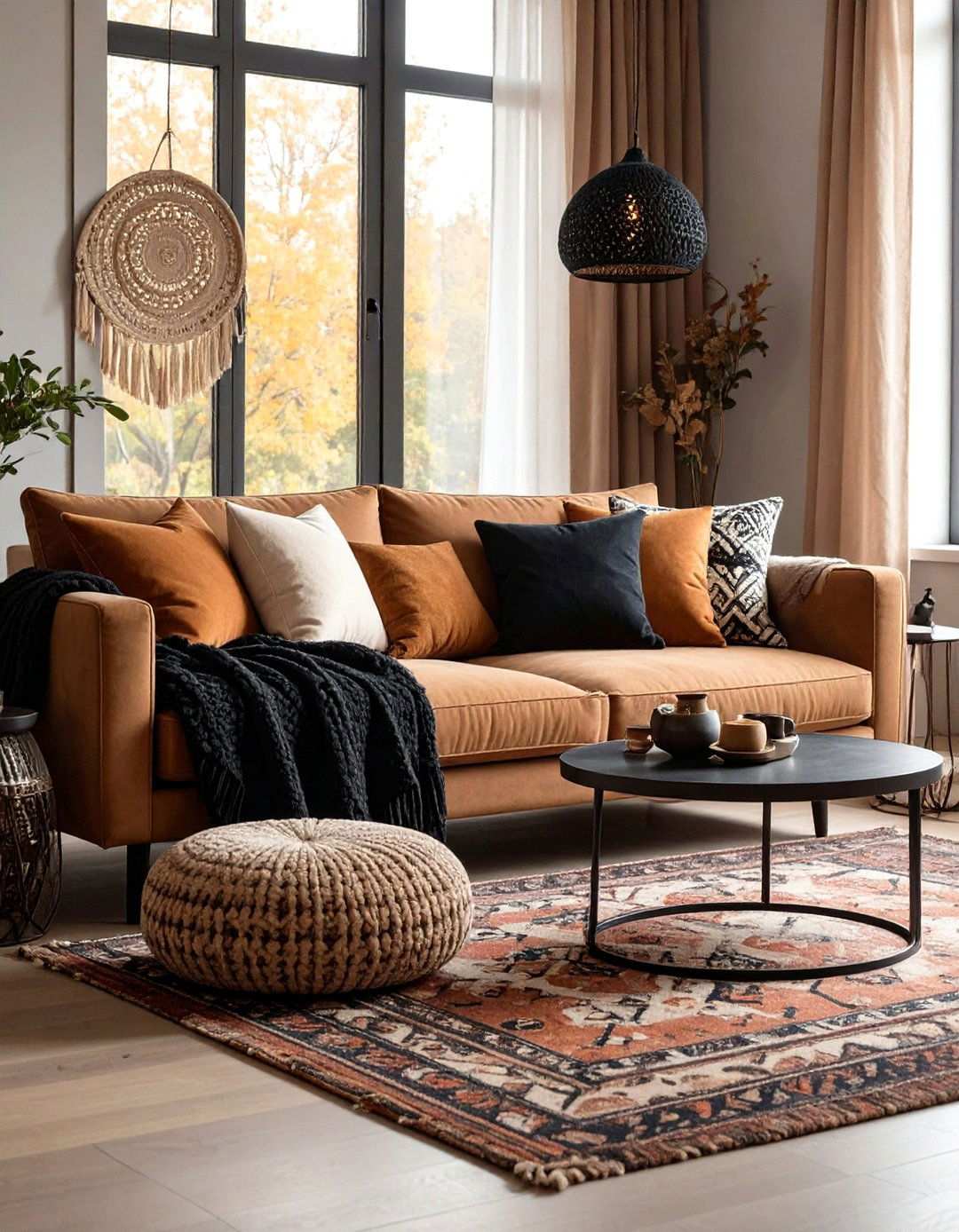 Graphic Black Pillows on an Earth Brown Sofa - 20 Black and Brown Interior Design Ideas