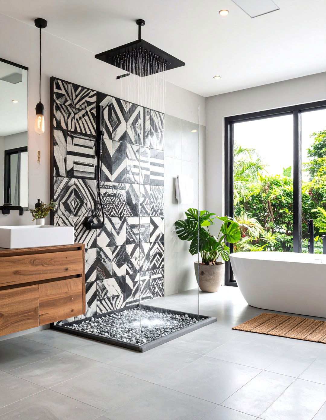 Graphic Cement Tile Accent Wall - 20 Black and White Bathroom Tile Ideas