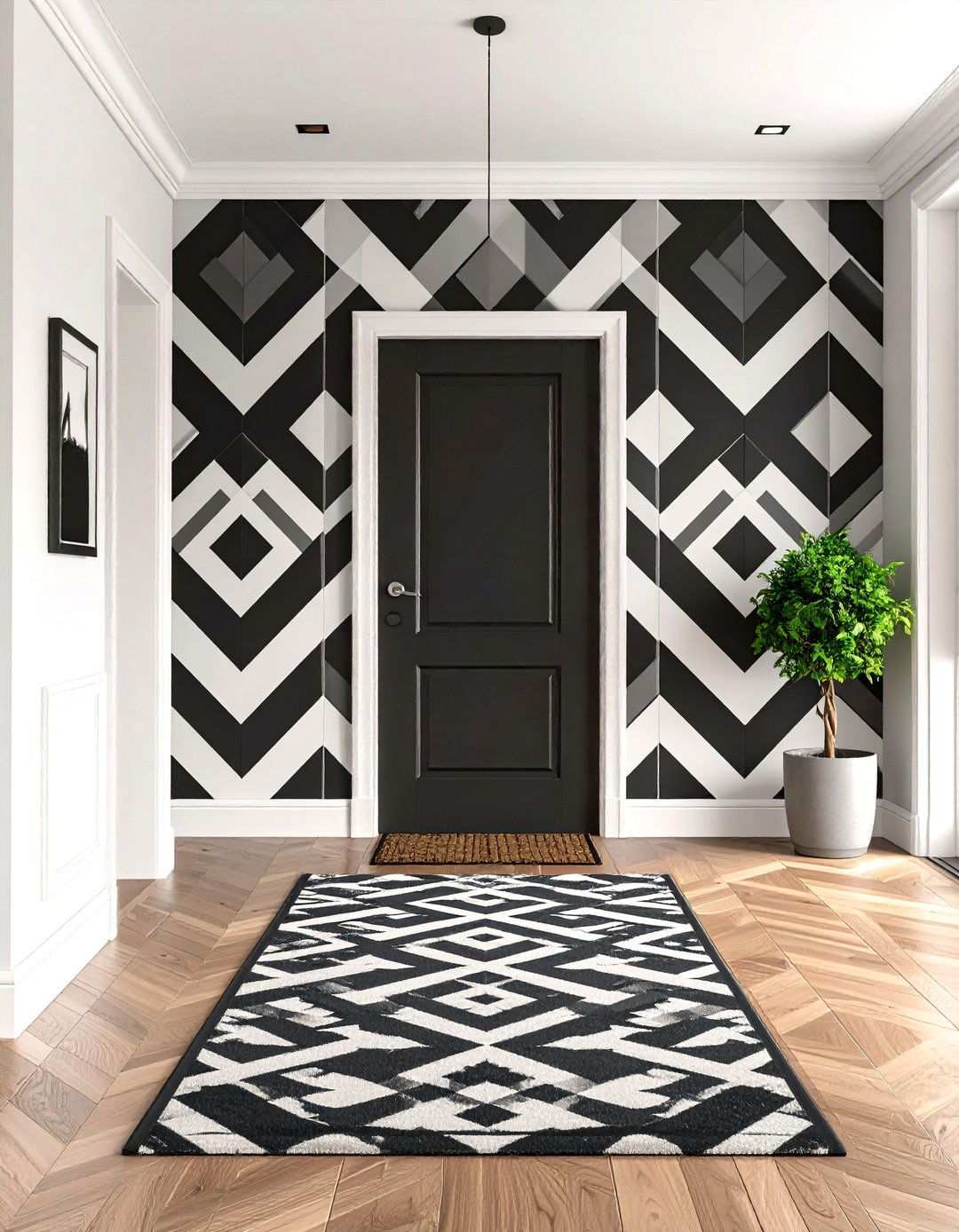 Graphic Wallpaper Energizes the Entryway Walls - 20 Black and White Entryway Design Ideas