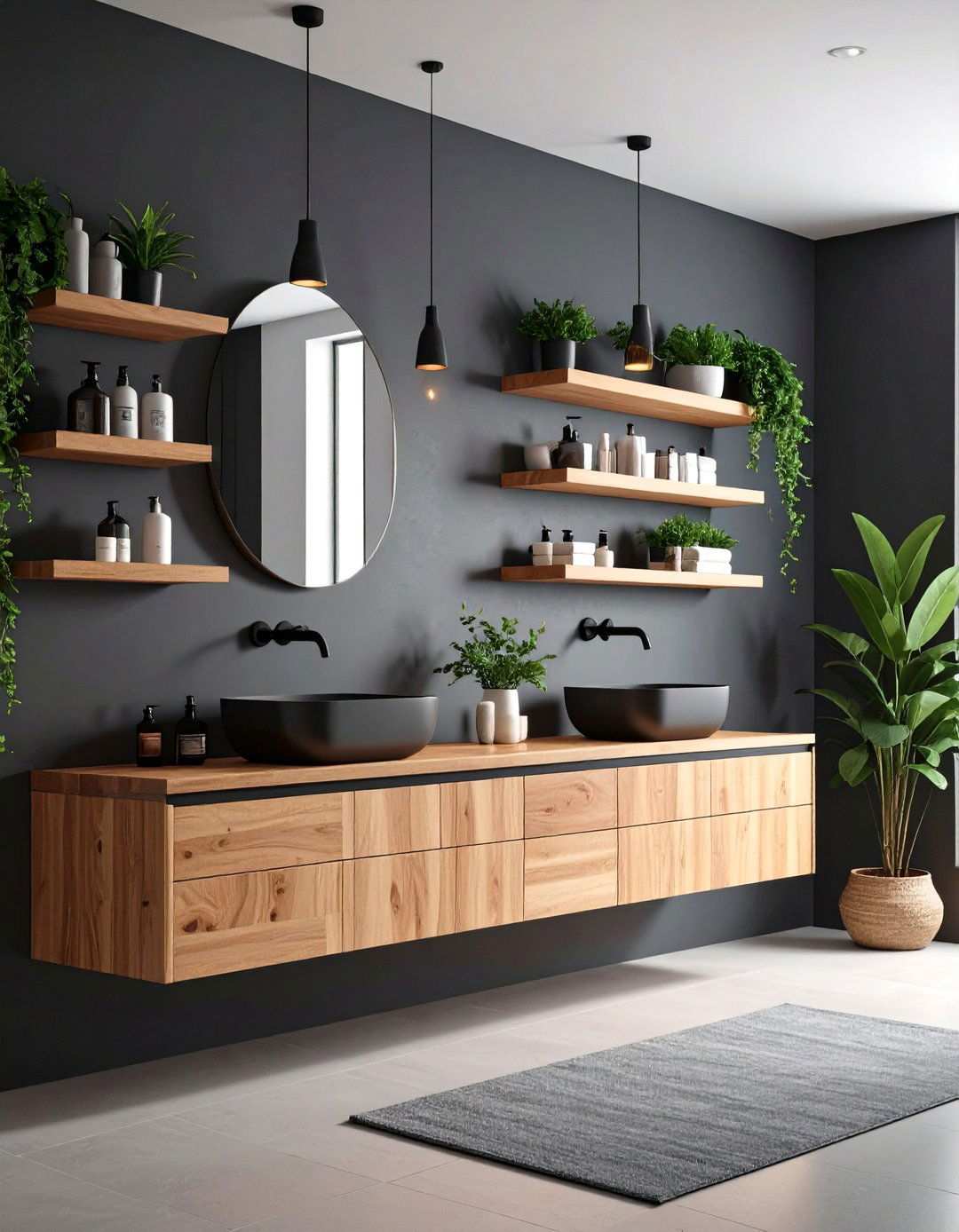 Graphite Bathroom Walls Balanced by Warm Timber - 20 Black and Grey Bathroom Ideas