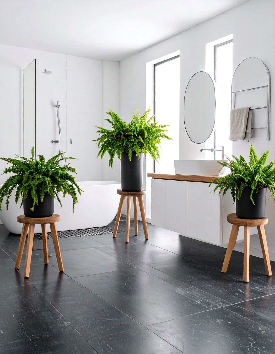 Greenery Pops Against a Black Floor Bathroom - 20 Black Floor Bathroom With White Walls Ideas