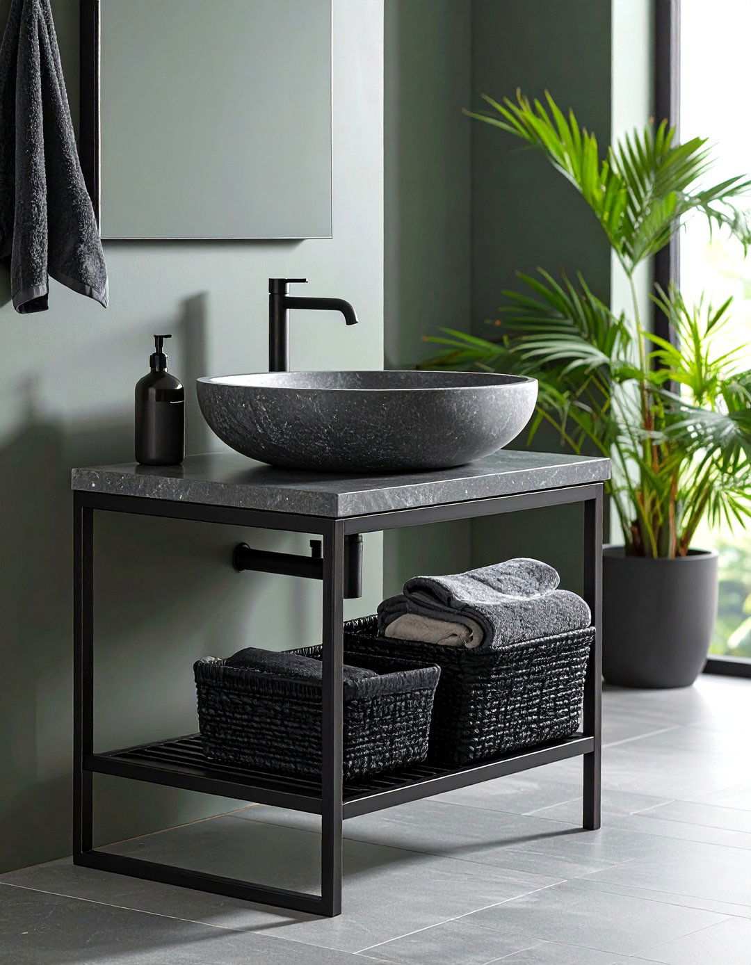 Grey Stone Basin on a Black Metal Stand - 20 Black and Grey Bathroom Ideas