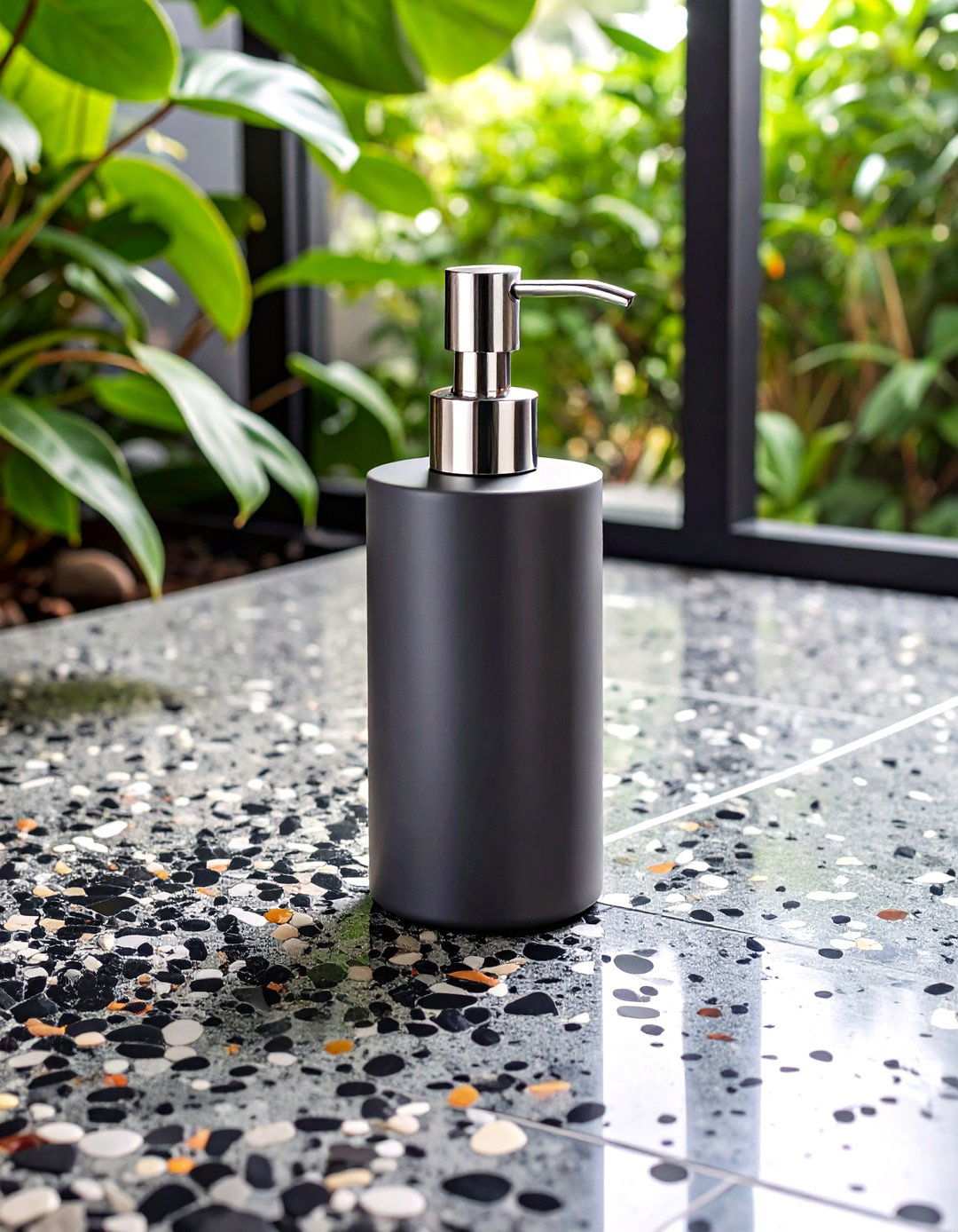 Grey Terrazzo Bathroom Floor With Jet Black Chips - 20 Black and Grey Bathroom Ideas