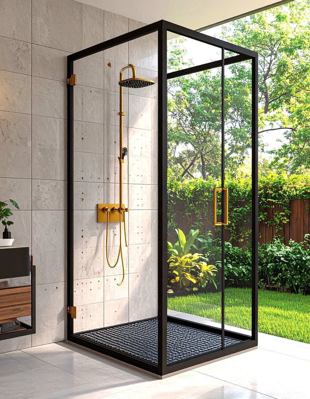 Grid Shower Screen with Brass Hardware - 20 Black and Gold Bathroom Ideas