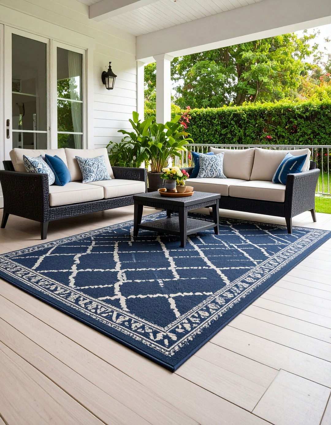 Grounding the Area with a Black Outdoor Rug - 20 Black Porch Ideas