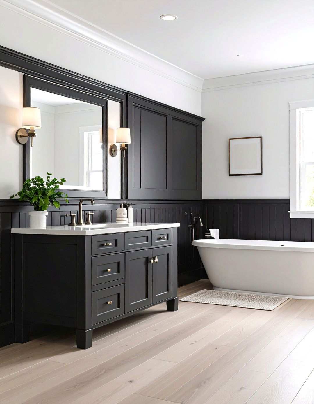 Half Height Black Wainscoting for Balanced Drama - 20 Black and White Bathroom Ideas