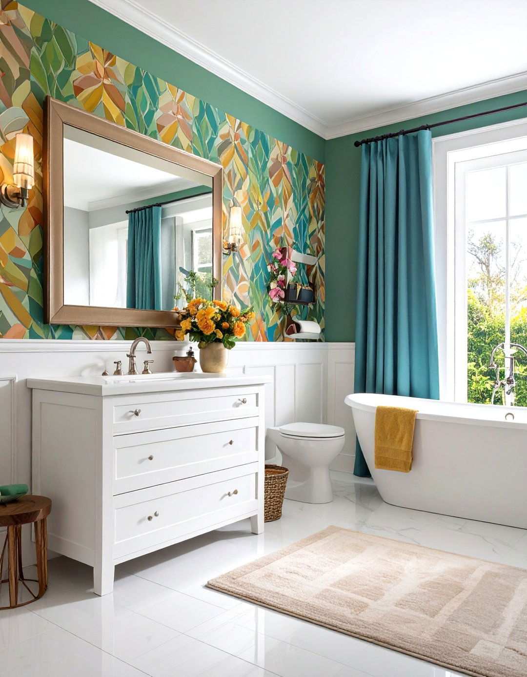 Half Wall Harmony Wallpaper with Wainscoting - 20 Bathroom Wallpaper Ideas