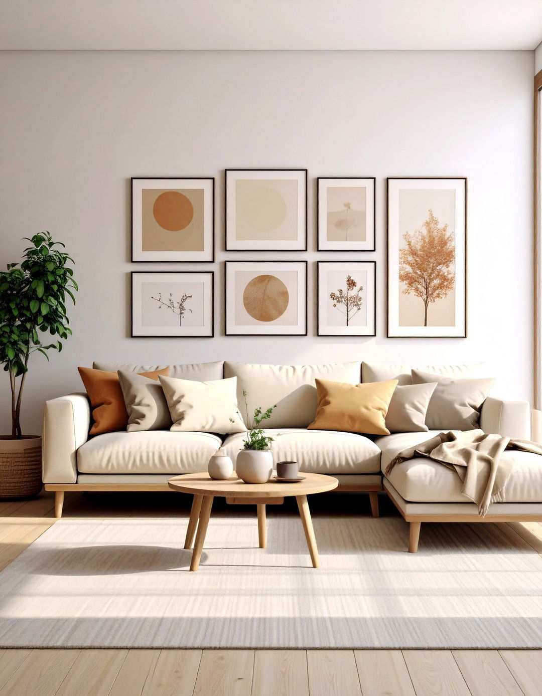 Hang a Modern Art Gallery Wall Above a Beige Couch - 20 Beige Couch Living Room Ideas