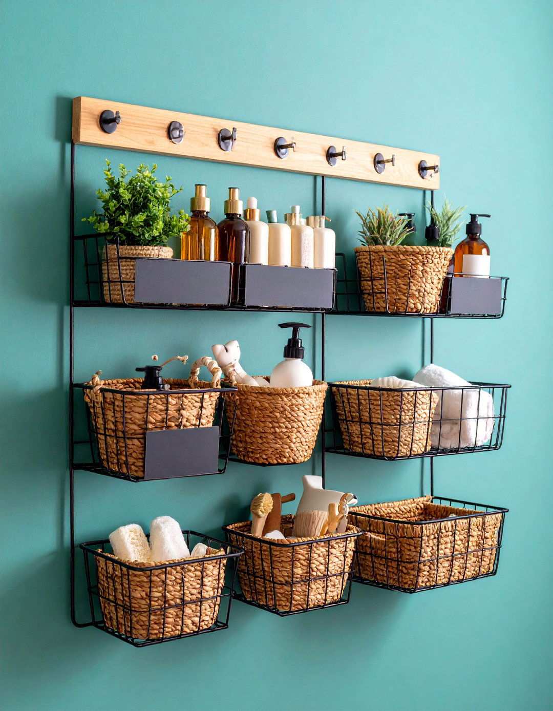Hanging Basket and Hook Bathroom Wall Storage - 20 Bathroom Wall Storage Ideas