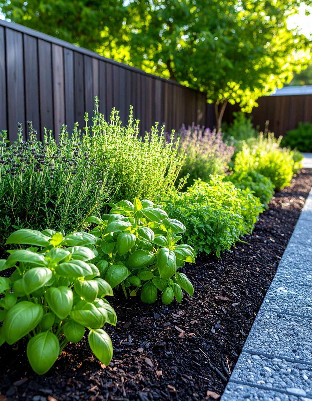 Herb Edge Warmed by Heat Absorbing Black Mulch - 20 Black Mulch Landscaping Ideas