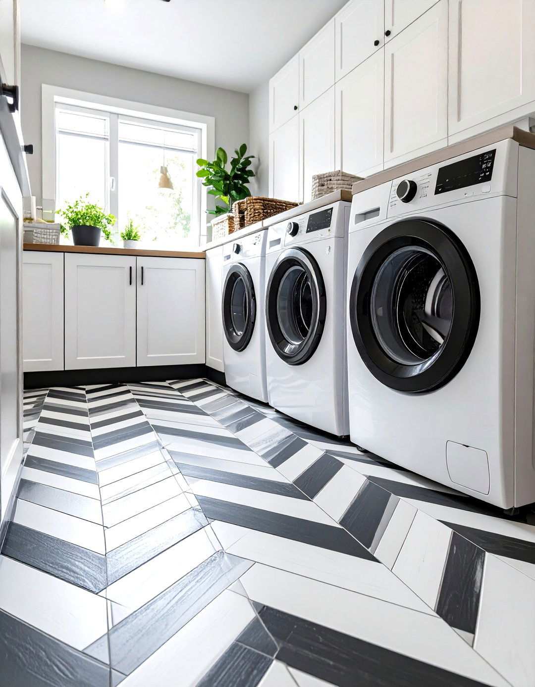 Herringbone Floor Tile for Subtle Motion - 20 Black and White Laundry Room Ideas