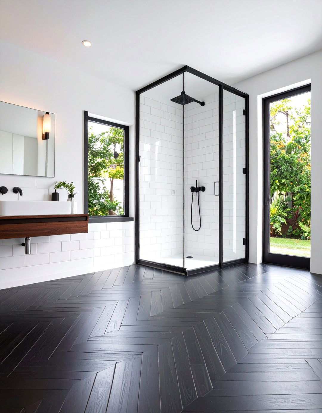 Herringbone Laid Black Floor Bathroom Evokes Boutique Hotels - 20 Black Floor Bathroom With White Walls Ideas