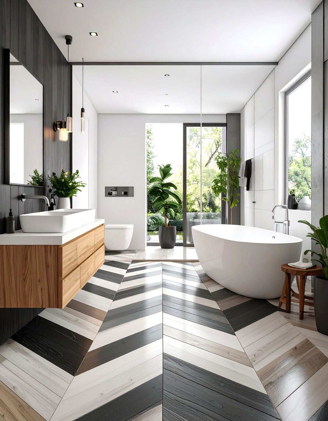 Herringbone Planks in Alternate Tones - 20 Black and White Bathroom Tile Ideas