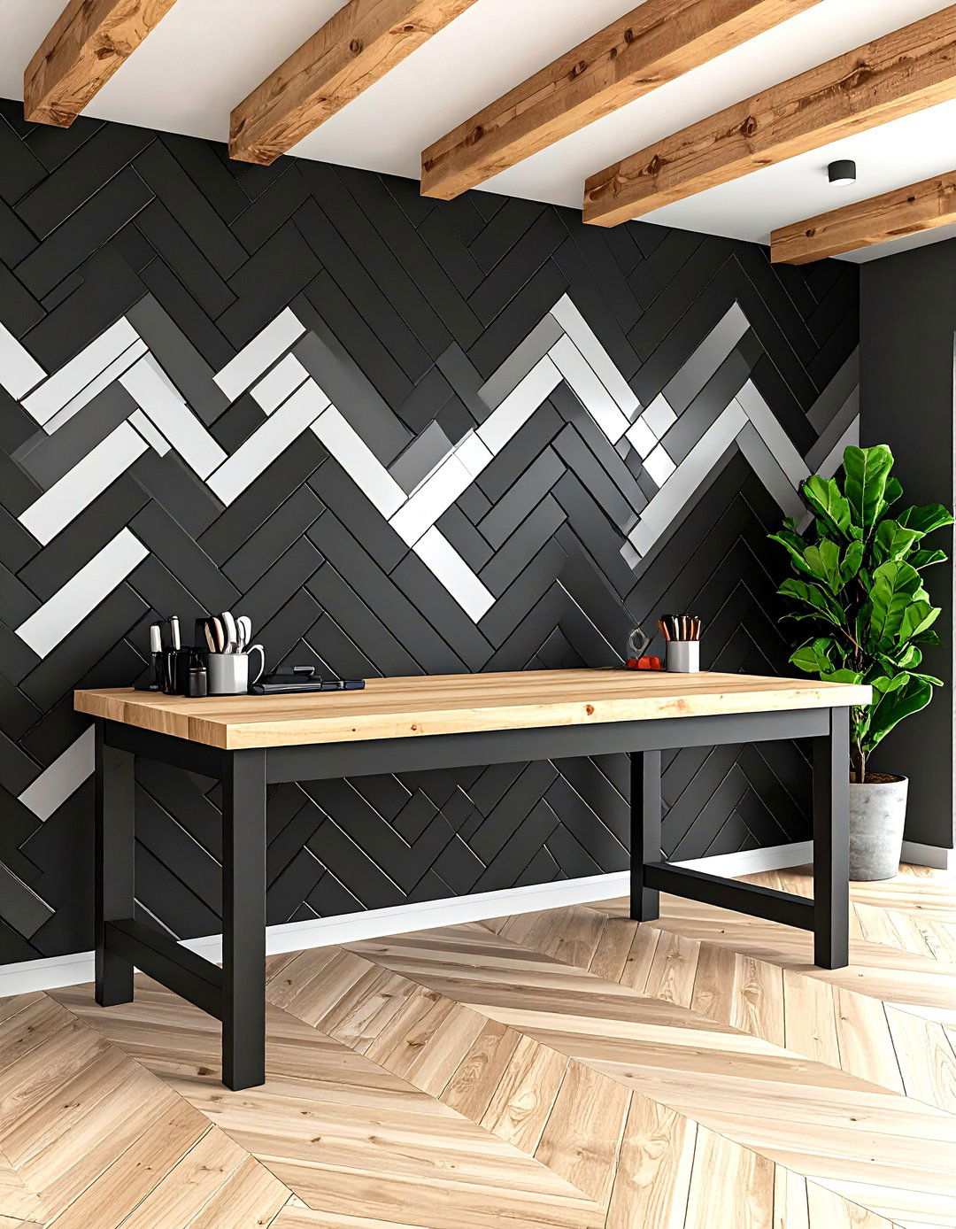 Herringbone Tile Accent Wall in a Black Garage - 20 Black Garage Ideas