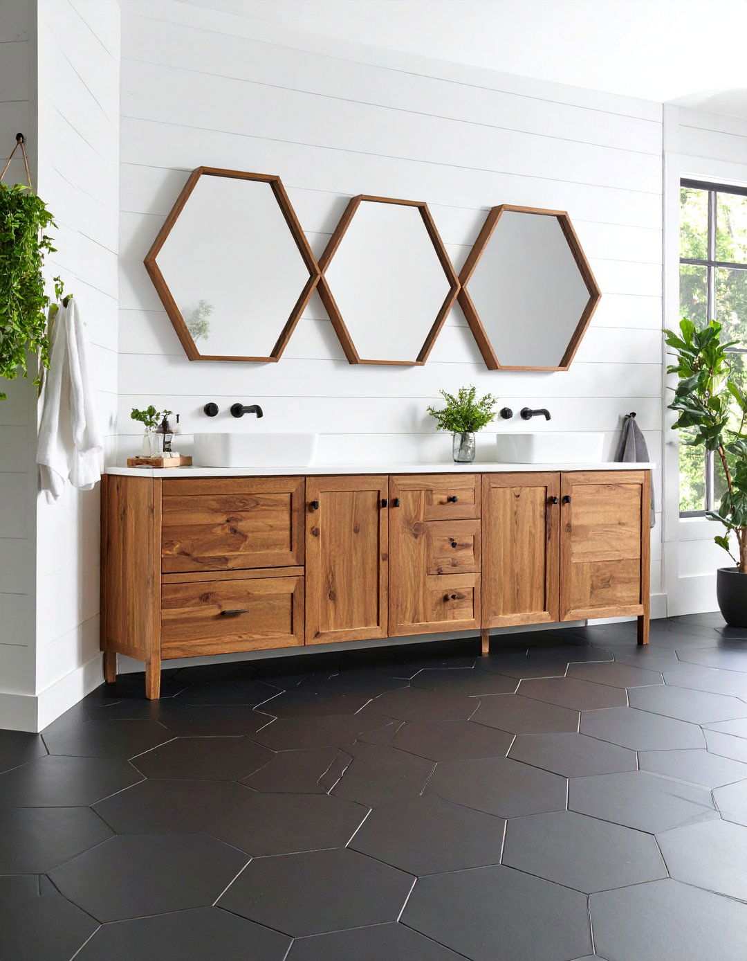 Hexagon Black Floor Bathroom Adds Geometric Flair - 20 Black Floor Bathroom With White Walls Ideas