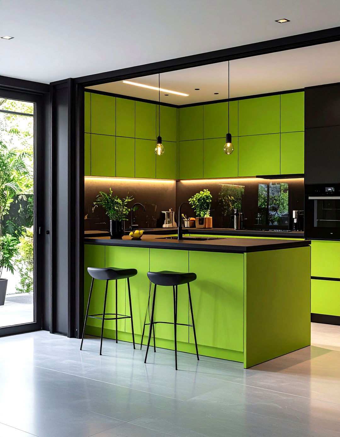Hidden Lime Bar Nook in Tall Black Cabinet Kitchen - 20 Black and Green Kitchen Ideas