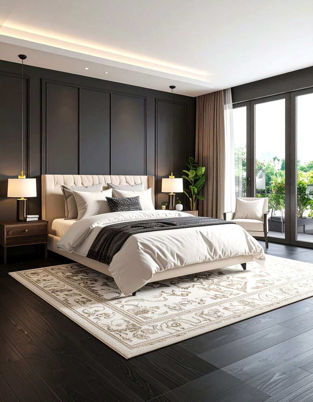 High Contrast Area Rug Softens the Step - 20 Black Floor Bedroom Ideas