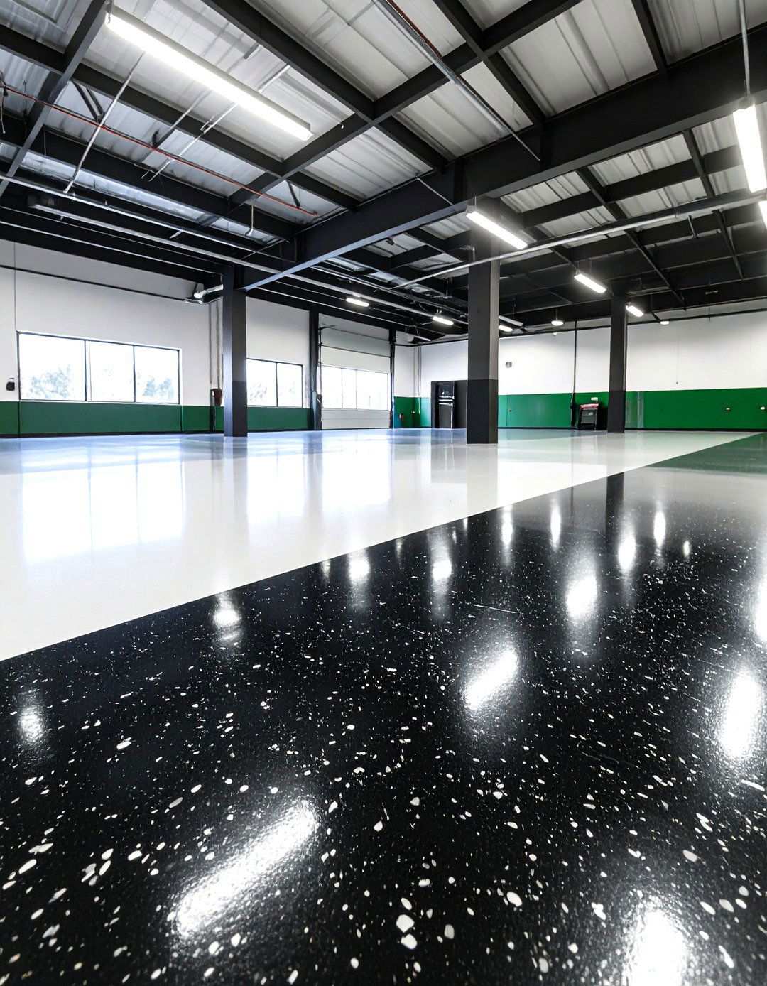 High Contrast Black and White Epoxy Floors - 20 Black Garage Ideas