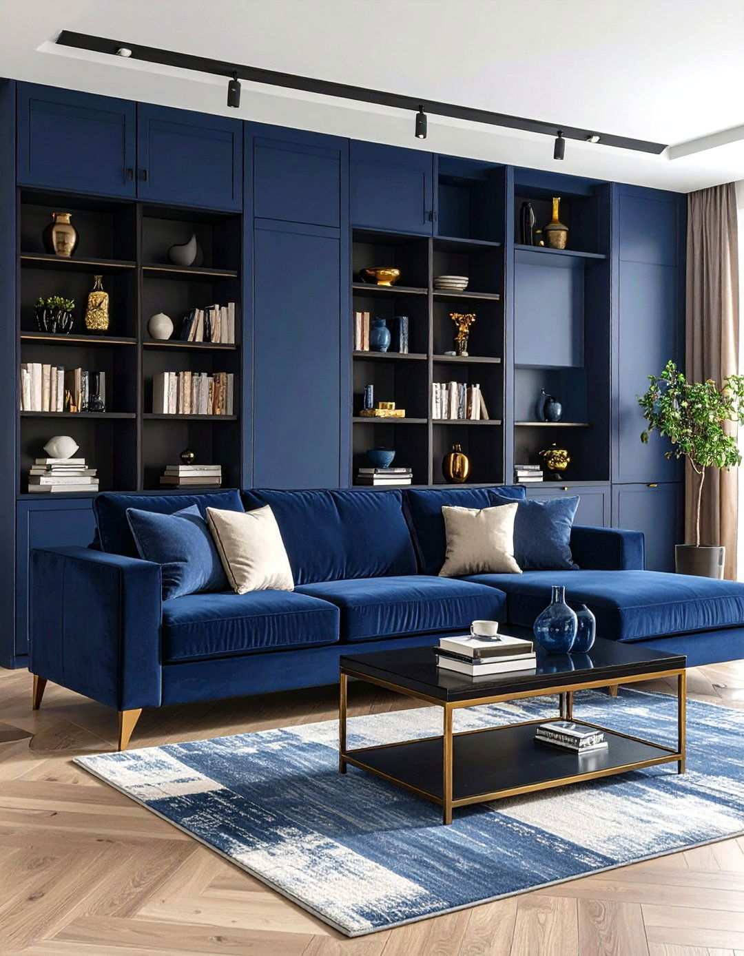 High Gloss Black Built Ins Navy Accessories - 20 Black and Blue Living Room Ideas