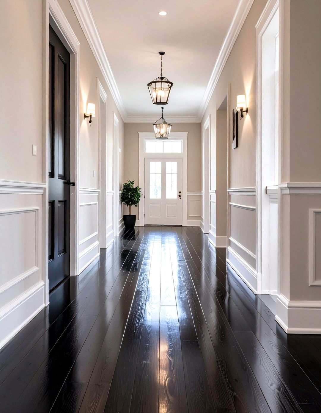 High Gloss Black Floorboards Under White Walls - 20 Black and White Hallway Ideas