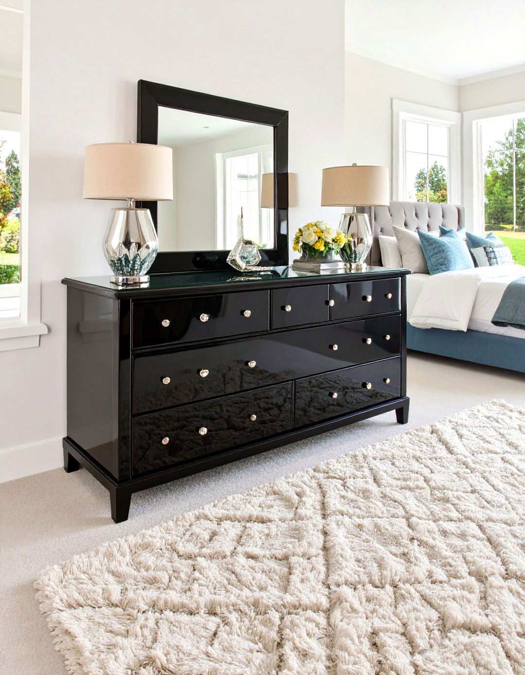 High Gloss Black Furniture with Subtle Silver Hardware - 20 Black and Silver Bedroom Ideas