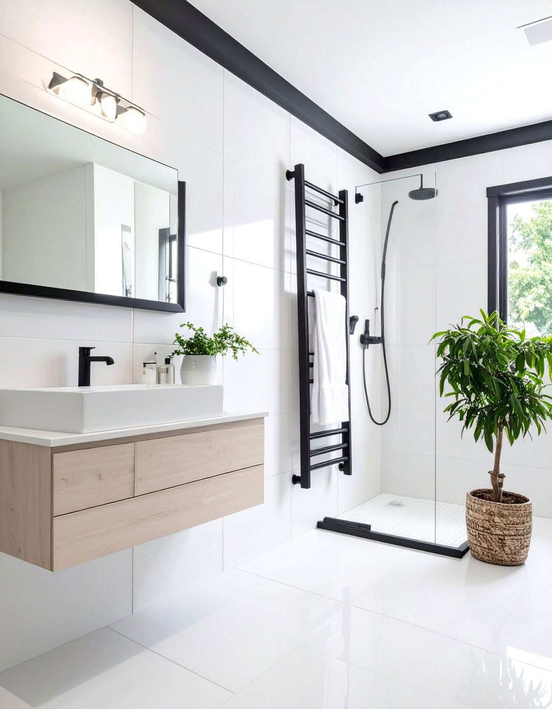 High Gloss Whites Expand a Small Black and White Bathroom - 20 Black and White Bathroom Ideas
