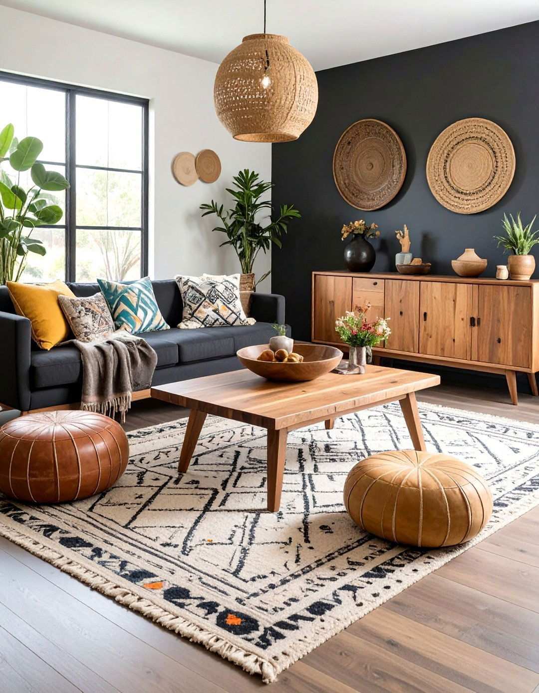 Highlight Natural Wood Accents against Black and White Boho Contrast - 20 Black and White Boho Living Room Ideas