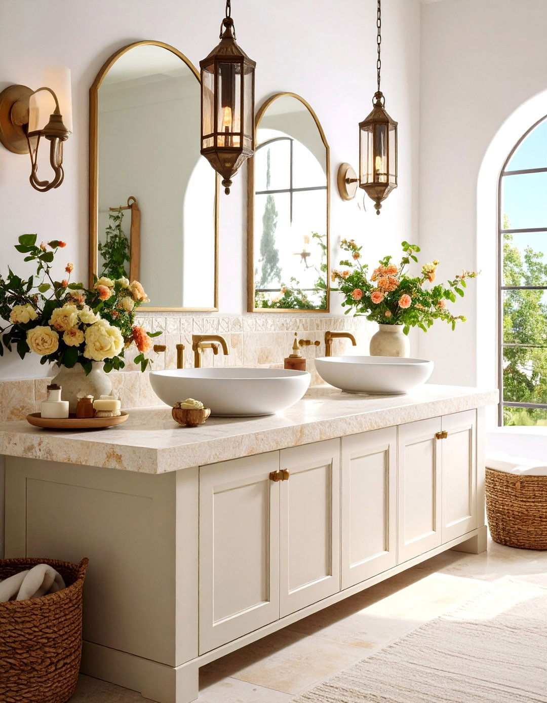 Honed Travertine Bathroom Countertop with Tumbled Edges - 20 Bathroom Countertop Ideas