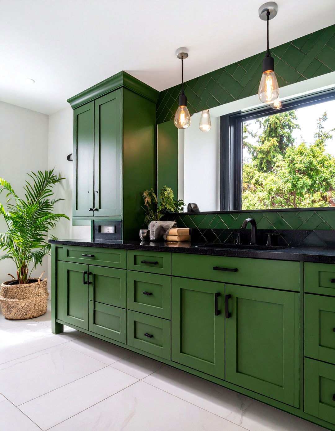 Hunter Green Cabinets with Black Quartz Tops - 20 Black and Green Bathroom Ideas