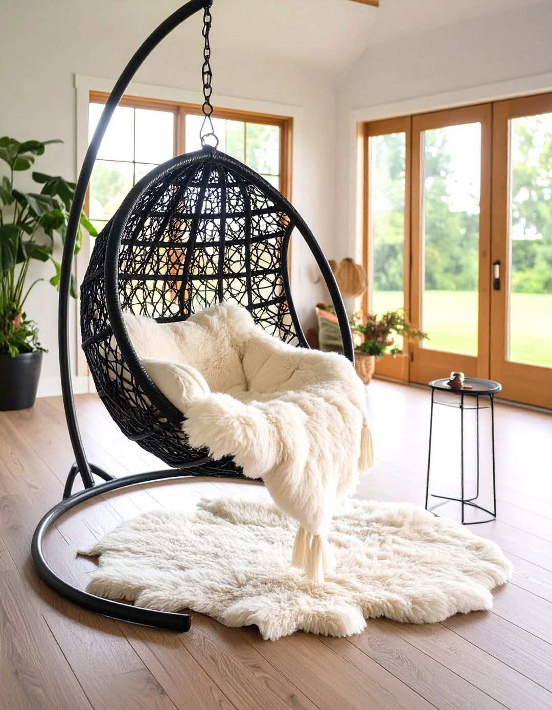 Incorporate Rattan and Cane Seating for an Airy Black and White Boho Vibe - 20 Black and White Boho Living Room Ideas